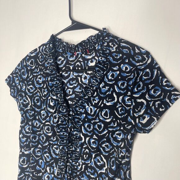 Retro Womens Blouse Blue Geometric Y2K Funky Abstract Ruffle V Neck Size S - Picture 3 of 5